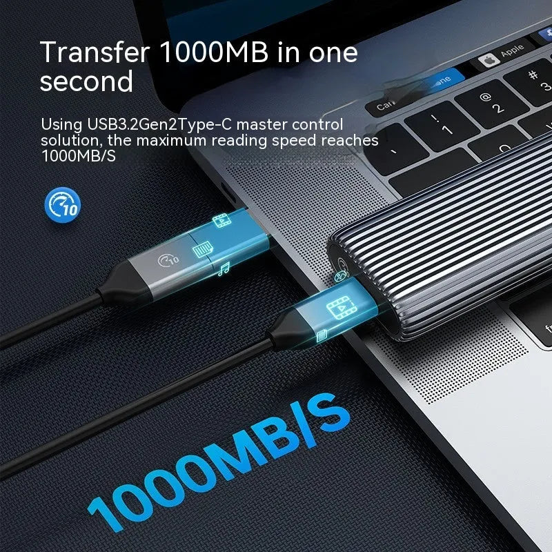 Aluminium external SSD enclosure for M.2 drives with data cable and thermal accessories.