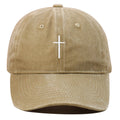 Cross embroidered cotton peaked cap with high crown and curly brim, free size, shown in available colours.