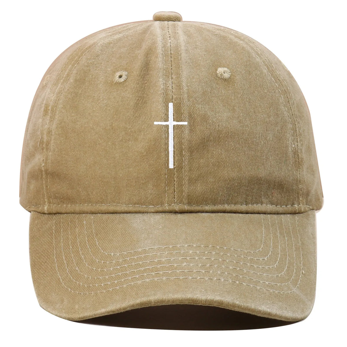 Cross embroidered cotton peaked cap with high crown and curly brim, free size, shown in available colours.