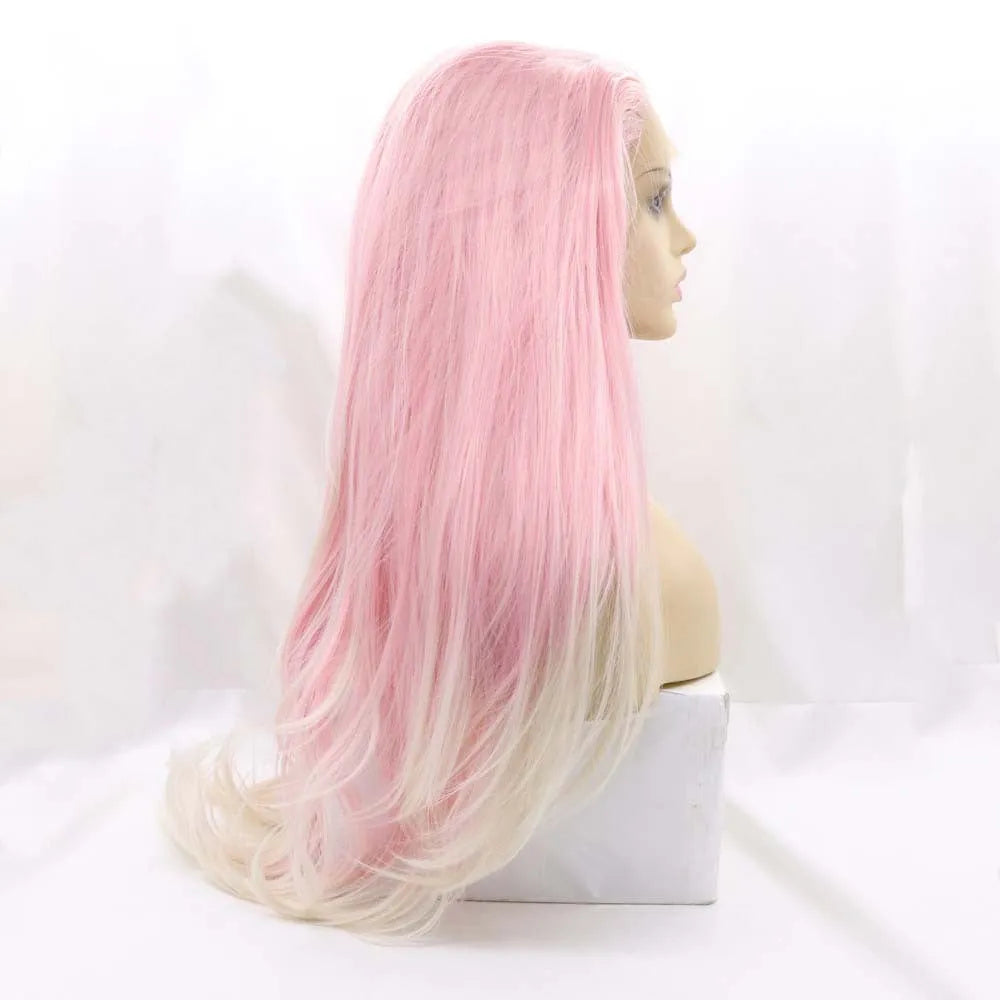 Pink gradient big wave fluffy synthetic fashion wig for ladies on a stand.