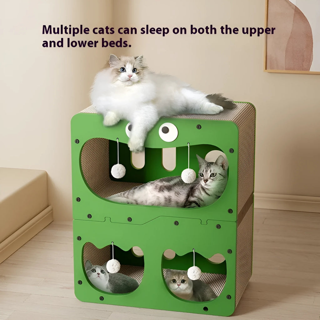 Double-layer cat scratching board nest in a primary colour, showing a cute owl or cat head style design.