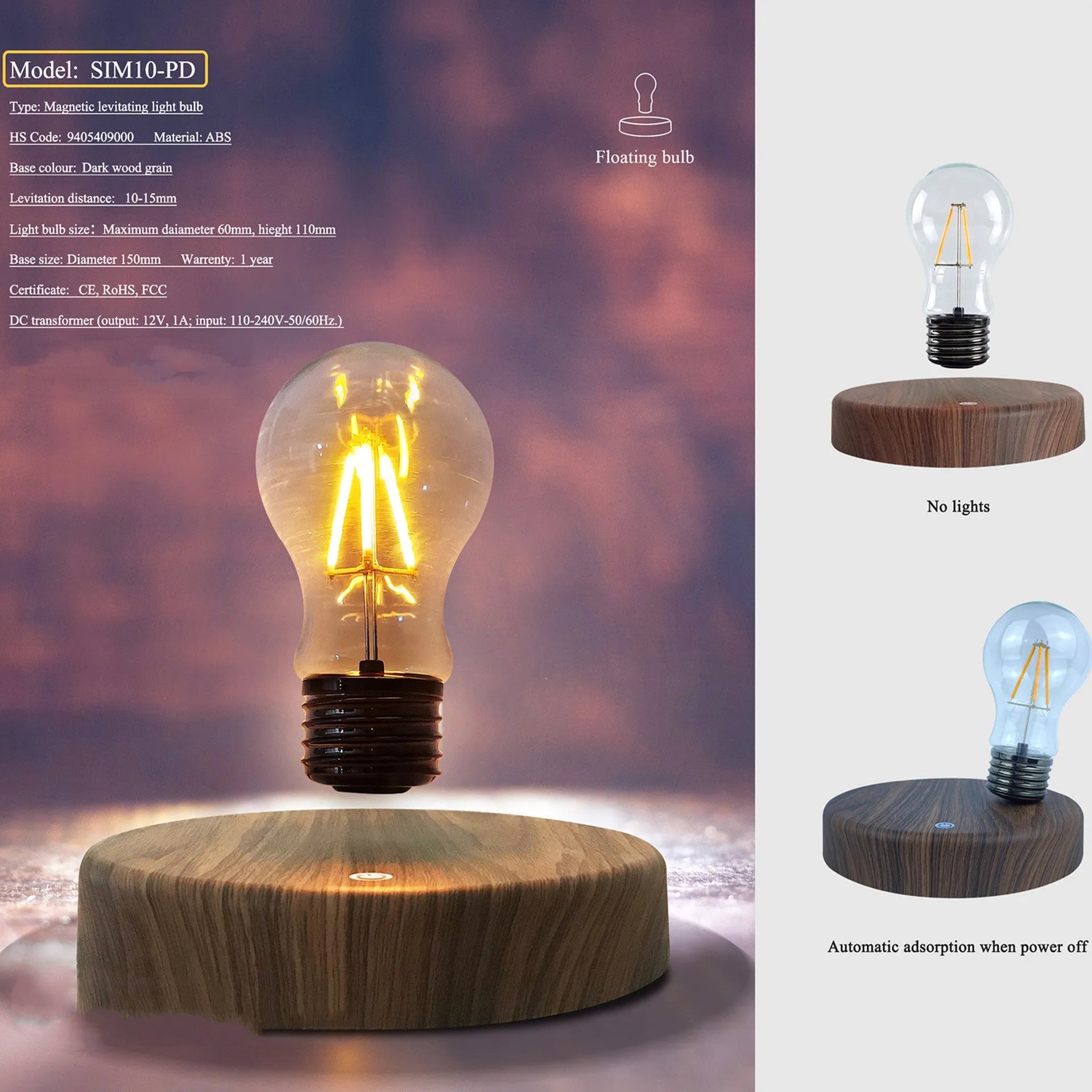 Magnetic levitation bulb night light with floating illumination and solid wood colour finish