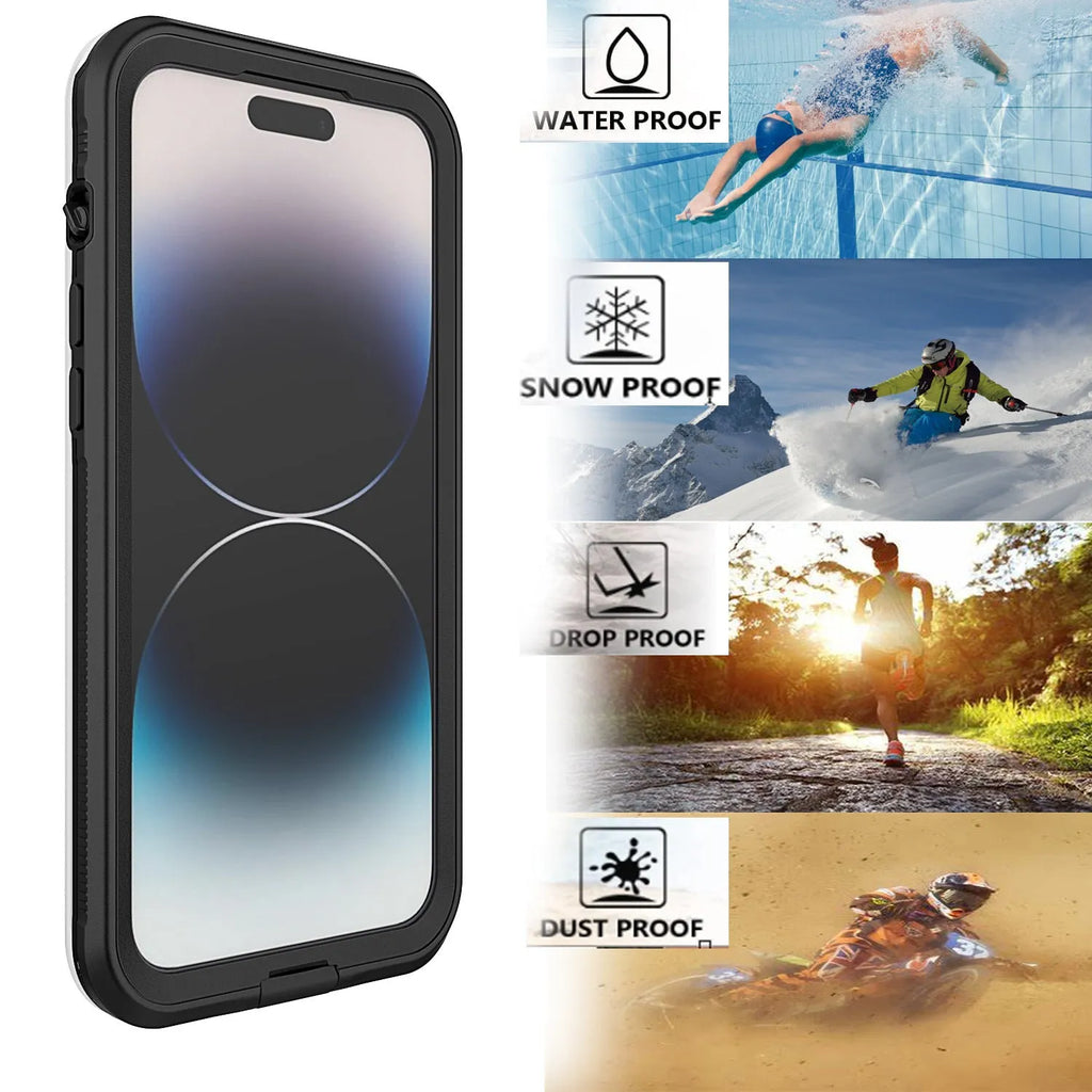 Black frosted waterproof iPhone case with magnetic suction function shown next to a phone.