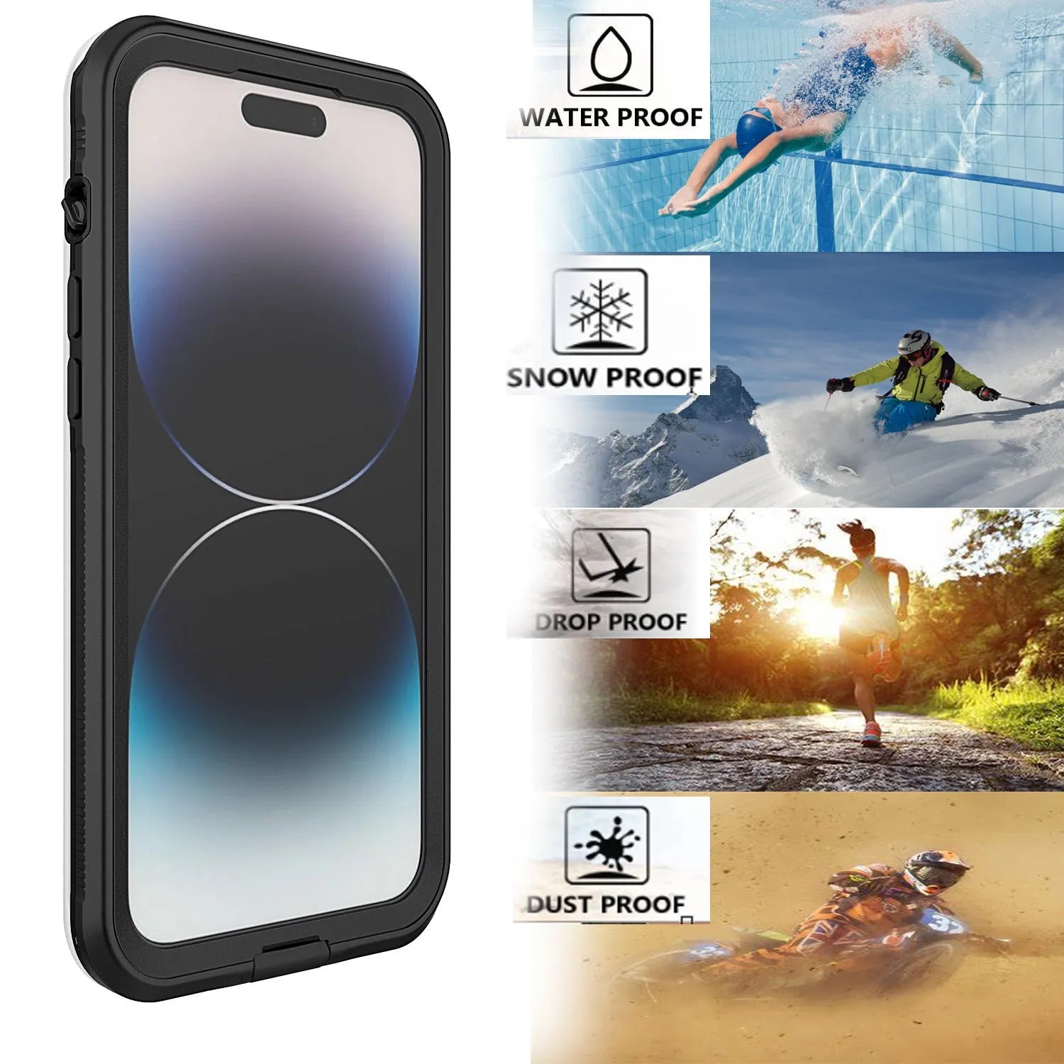 Black frosted waterproof iPhone case with magnetic suction function shown next to a phone.
