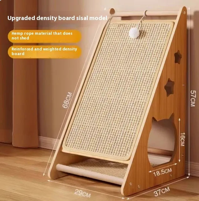 Vertical wall-mounted cat scratch board with sisal surface and dangling teasing ball
