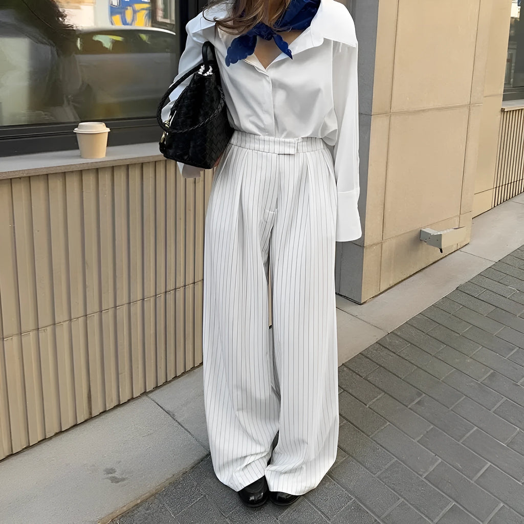 White striped loose wide-leg trousers with front zipper closure for commuting and workwear