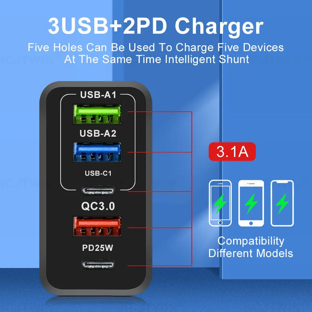 Fast charging Type-C PD three USB multi-port travel charger with EU UK US plug adapters in black