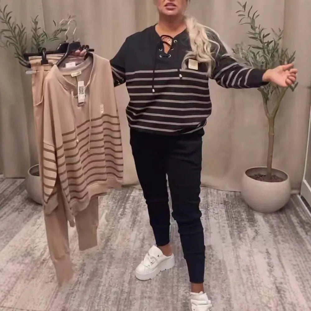 Women's striped two-piece sweatshirt and sweatpants set in black or khaki, loose long sleeve casual outfit, sizes S to XXXL