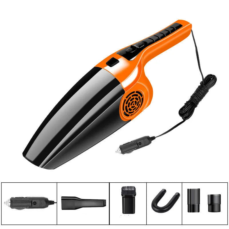 Black handheld car vacuum cleaner with nozzle, powered by a 12V cigarette lighter plug.