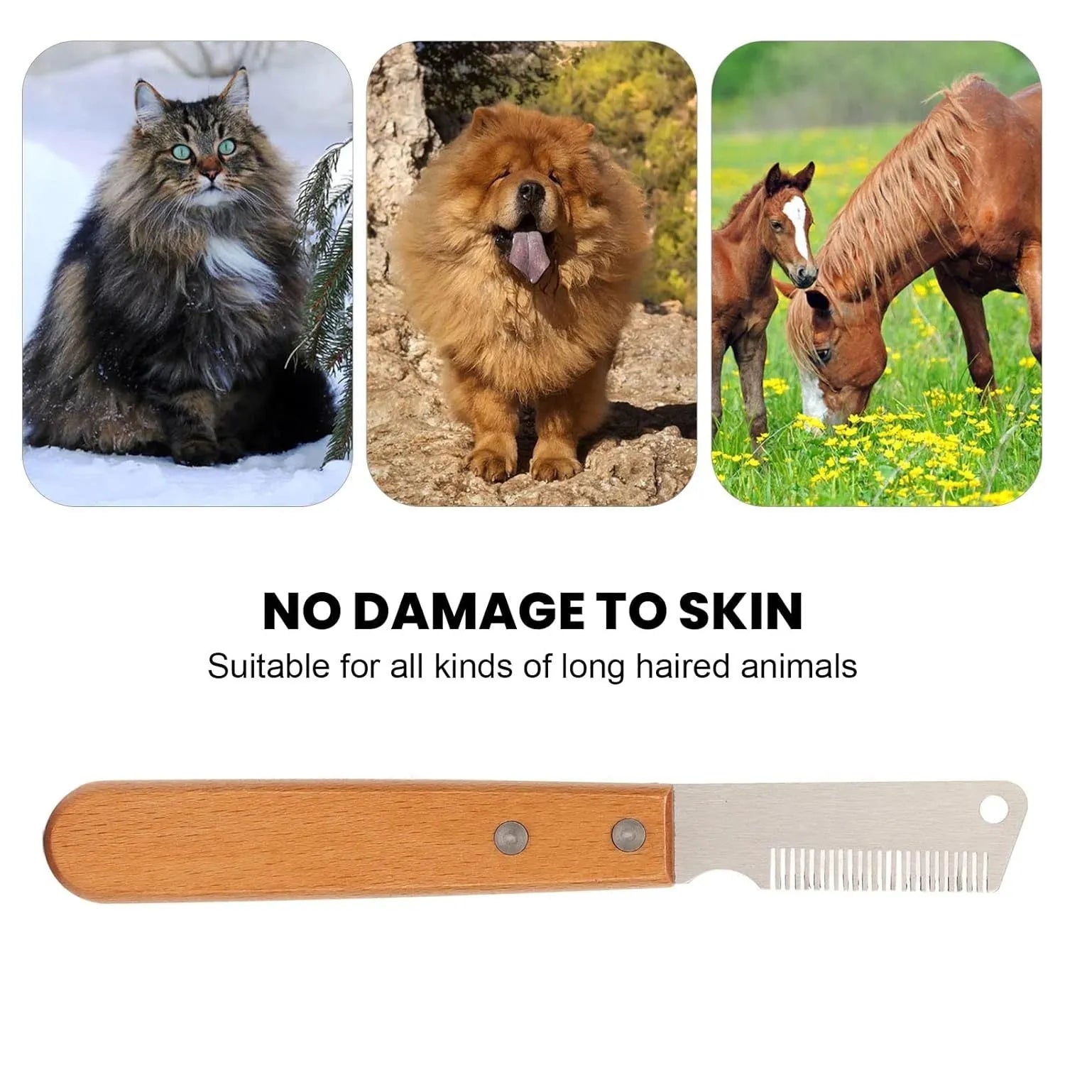 Pet stripping comb grooming tool with wood handle shown in long and short size options
