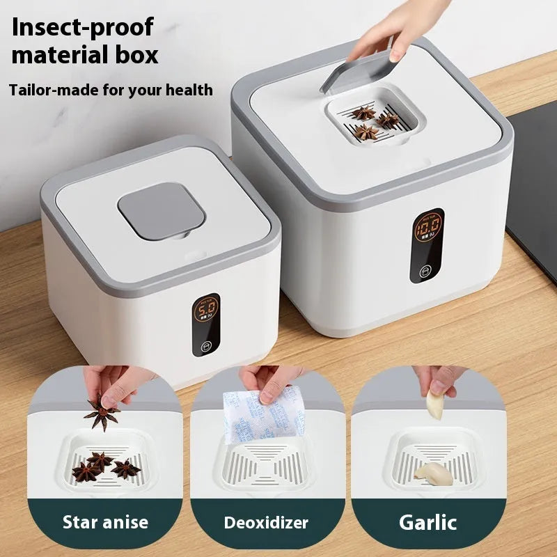 Simple grey plastic rice storage jar with lid and measuring cup for sealed, insect-proof food storage.