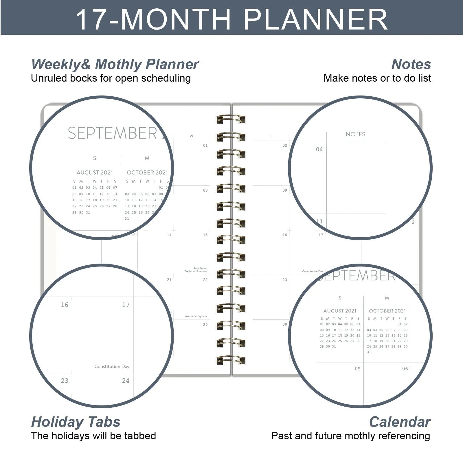 Blue A6 student weekly planner notebook with coil binding, open to show pages and pockets.