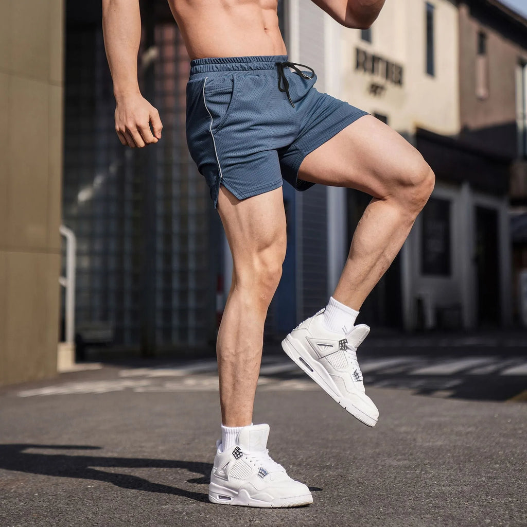 Men's straight-leg polyester fitness shorts in black, gray, navy blue, or red colours