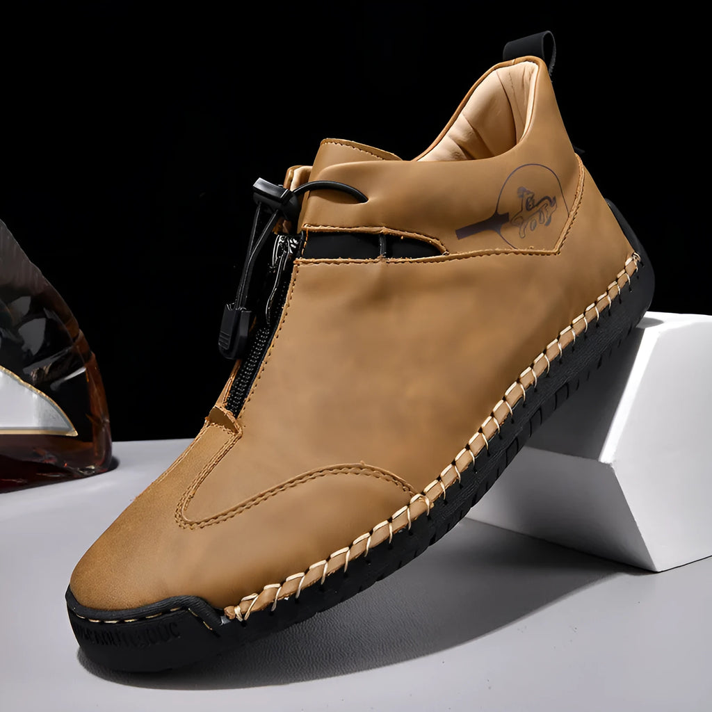 Men's casual leather shoes with round toe and mid heel in black, blue, green, khaki colour options
