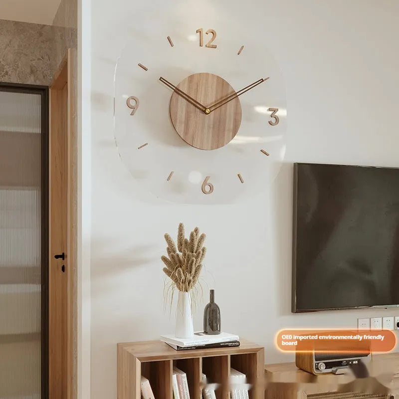 35cm transparent wooden frame wall clock with modern design on wall
