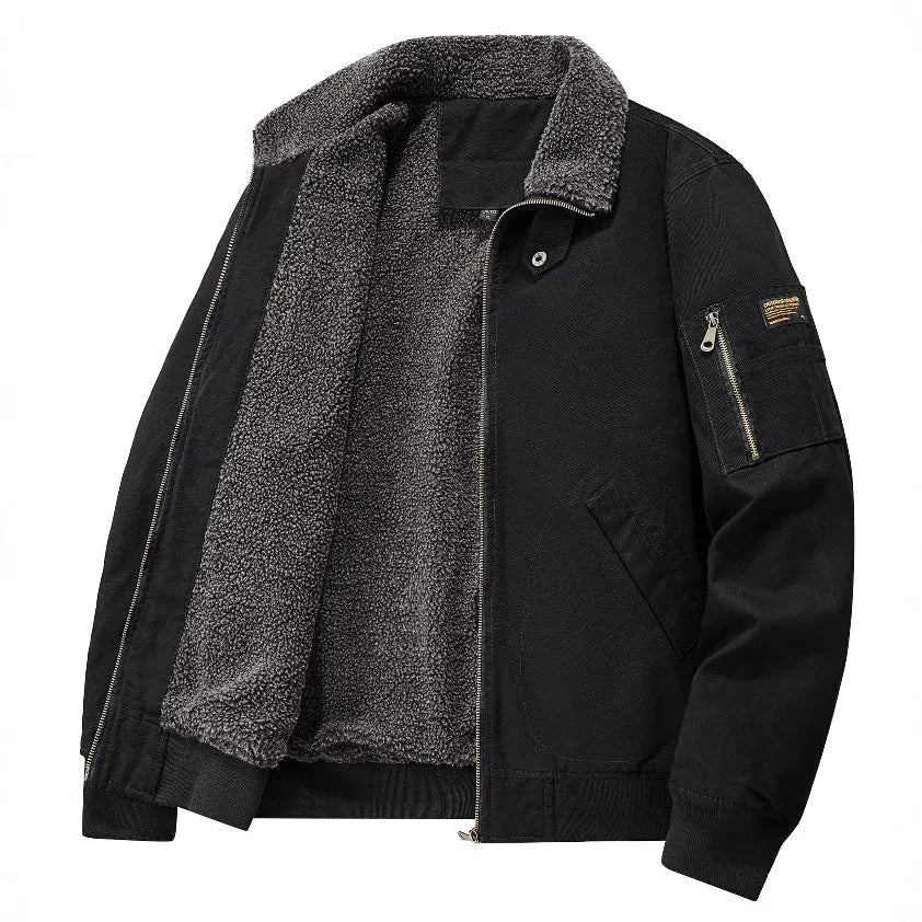 Men's winter fleece cotton coat in black, long sleeves, fleece-lined and thickened cotton jacket