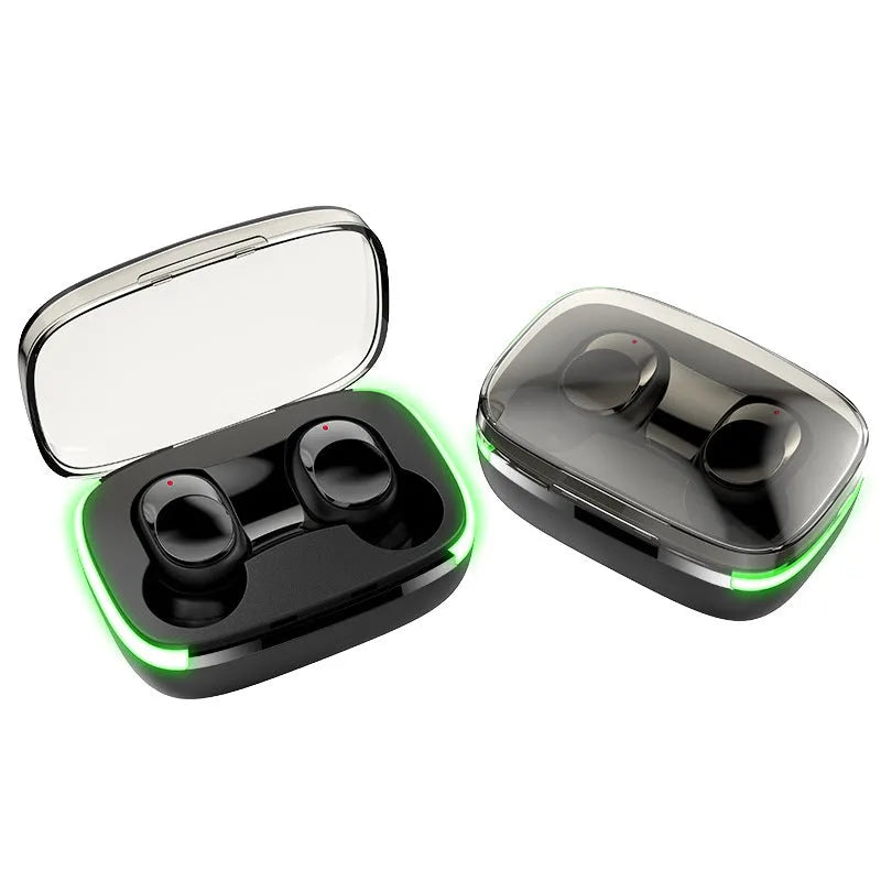 Touch Sports waterproof true wireless headphones in black with digital battery display on earbuds