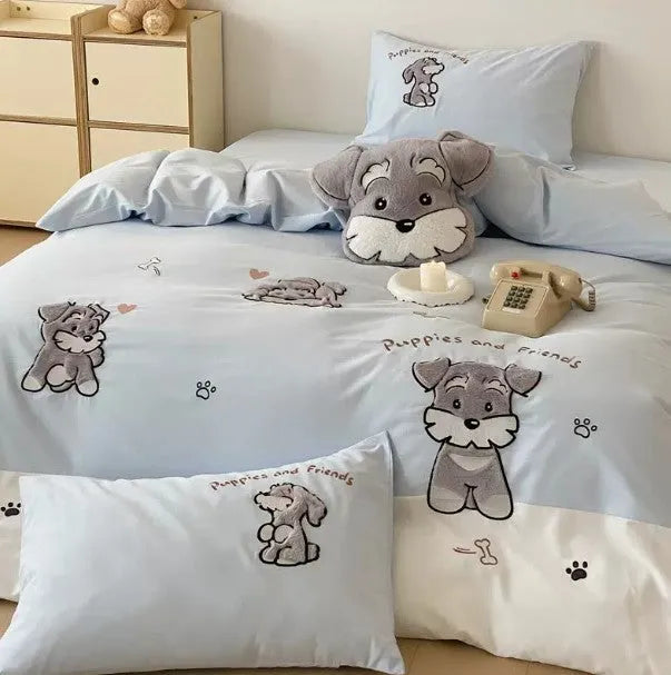 Cute Schnauzer cartoon pattern cotton bed sheet set showing quilt cover, flat sheet and pillowcases