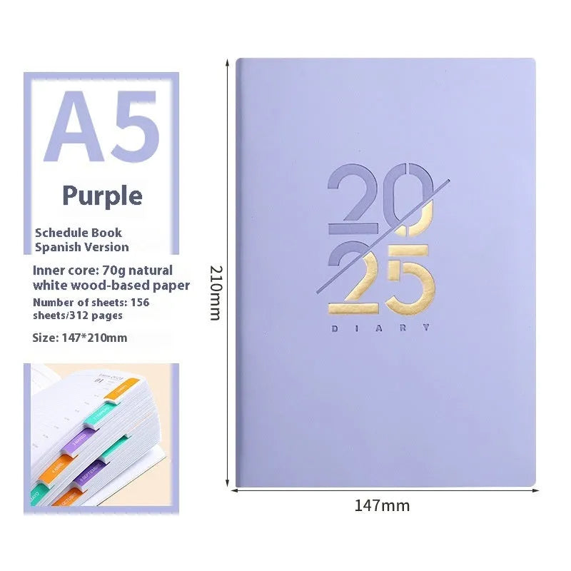 2025 A5 daily planner with soft faux leather cover in multiple colour options showing open pages
