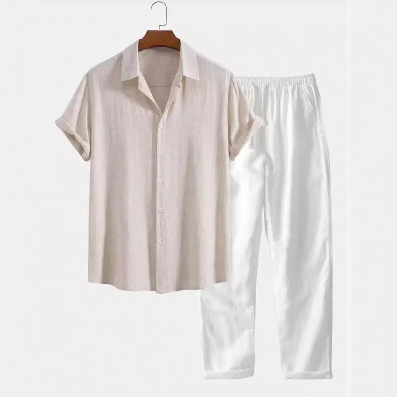Men's casual loose short sleeve shirt and trousers set in polyester linen fabric shown in multiple colour options