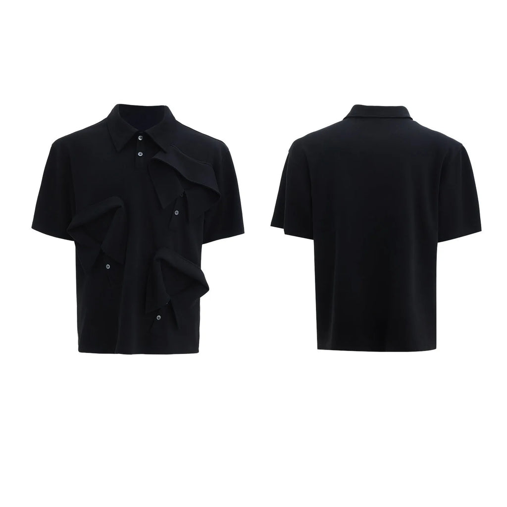 Men's deconstructed multi-collar polo shirt with geometric pattern in grey.