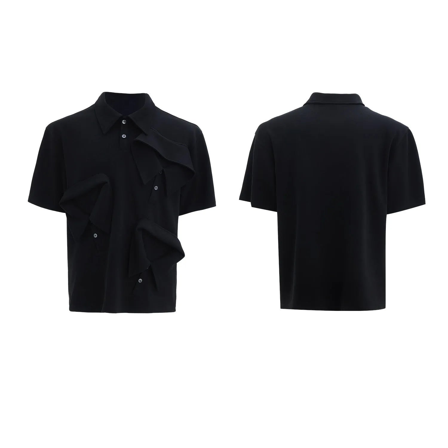 Men's deconstructed multi-collar polo shirt with geometric pattern in grey.