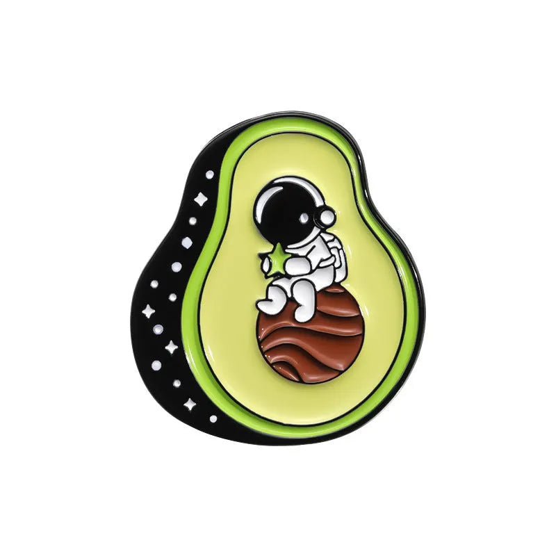 Close-up of a colourful cartoon fruit and letter design zinc alloy brooch pin.