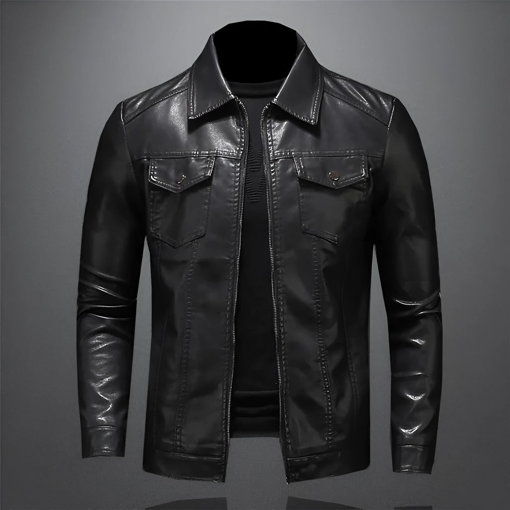 Men's thin artificial leather motorcycle jacket in black with zipper and loose fit