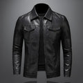 Men's thin artificial leather motorcycle jacket in black with zipper and loose fit