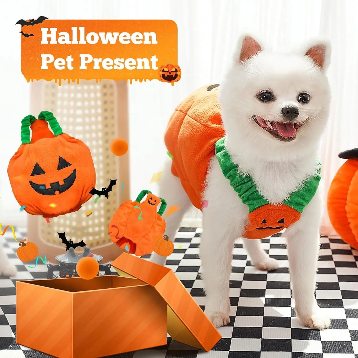 Orange plush pumpkin Halloween costume worn by a small dog, showing pullover design and textured fabric.