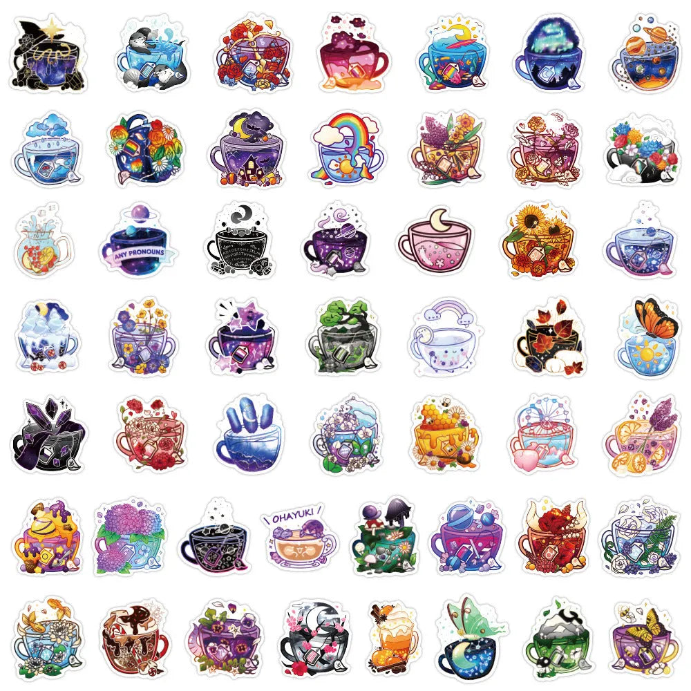 Colourful tea cup graffiti design waterproof stickers, 50-piece pack for DIY personalisation.
