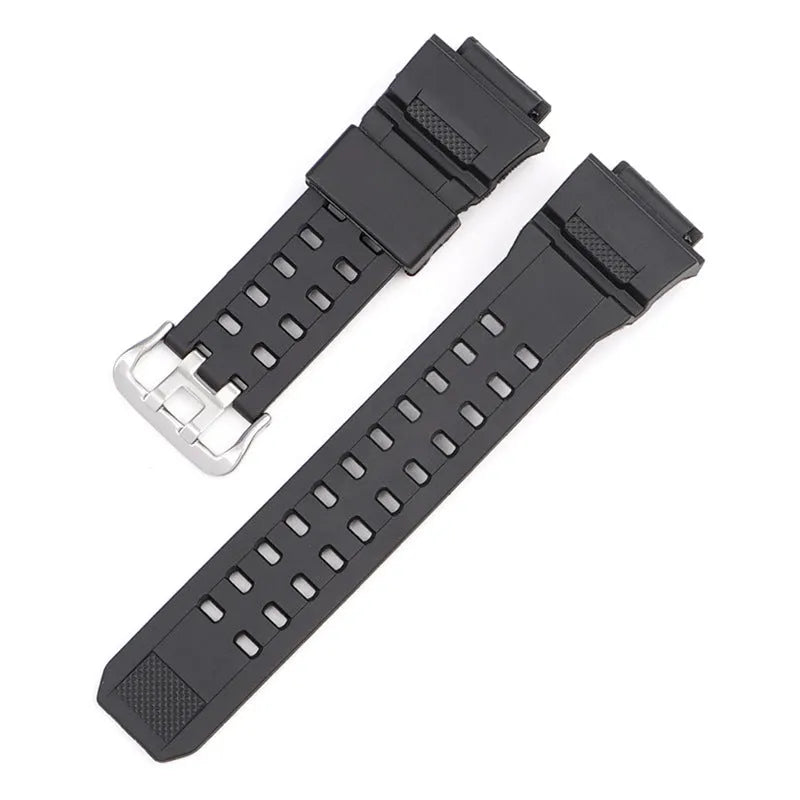 Camouflage TPU watchband with silver buckle, showing strap length and colour options