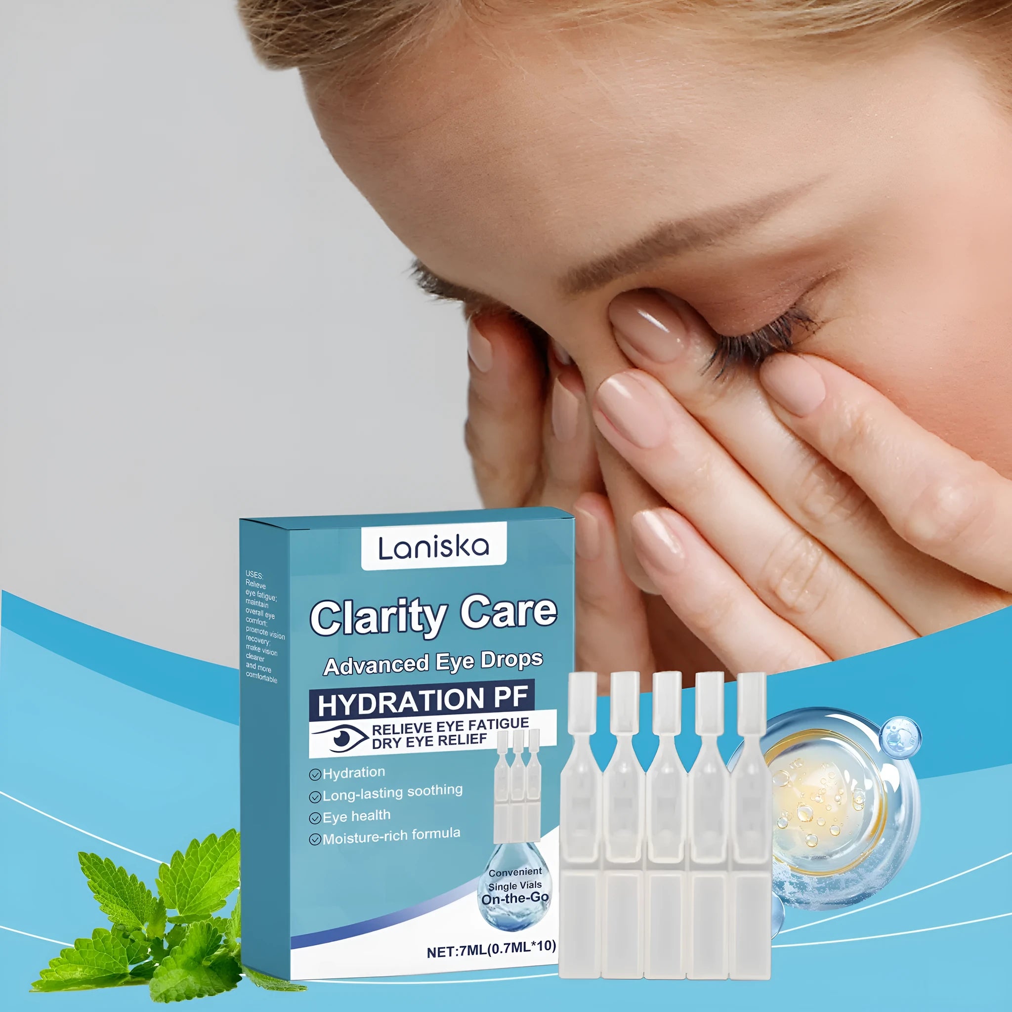 Bottle of moisturising eye drops with mint leaf and sodium hyaluronate