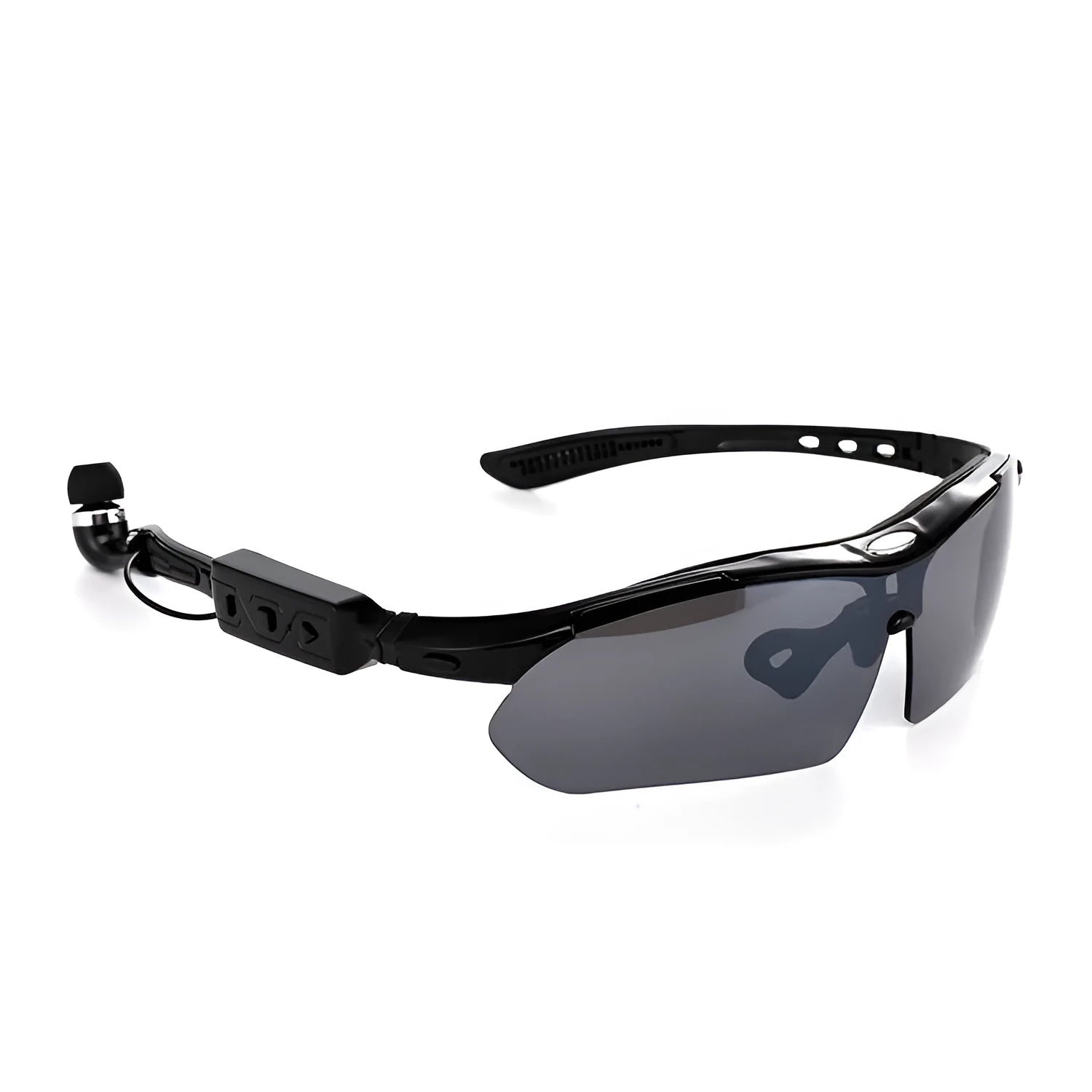 Stereo Bluetooth glasses headset with polarised gray lenses in black frame on white background