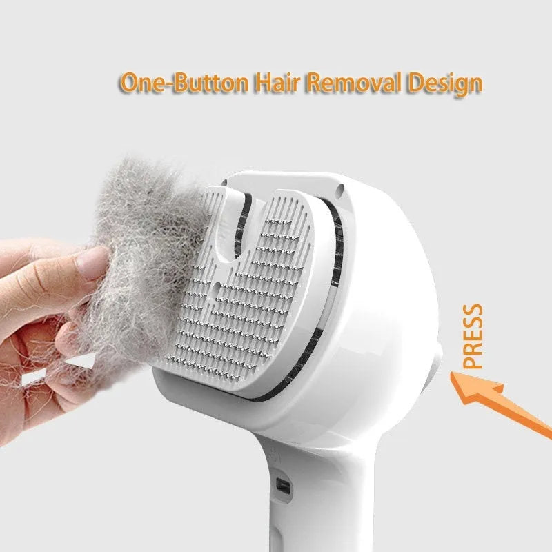 White self-cleaning pet comb with angled bristles and integrated mist humidifier, 20cm long, for dog grooming