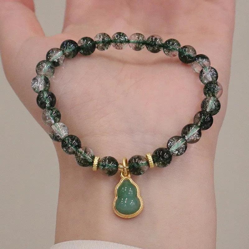 Natural green phantom quartz women's bracelet with heart shape design and pearl accents