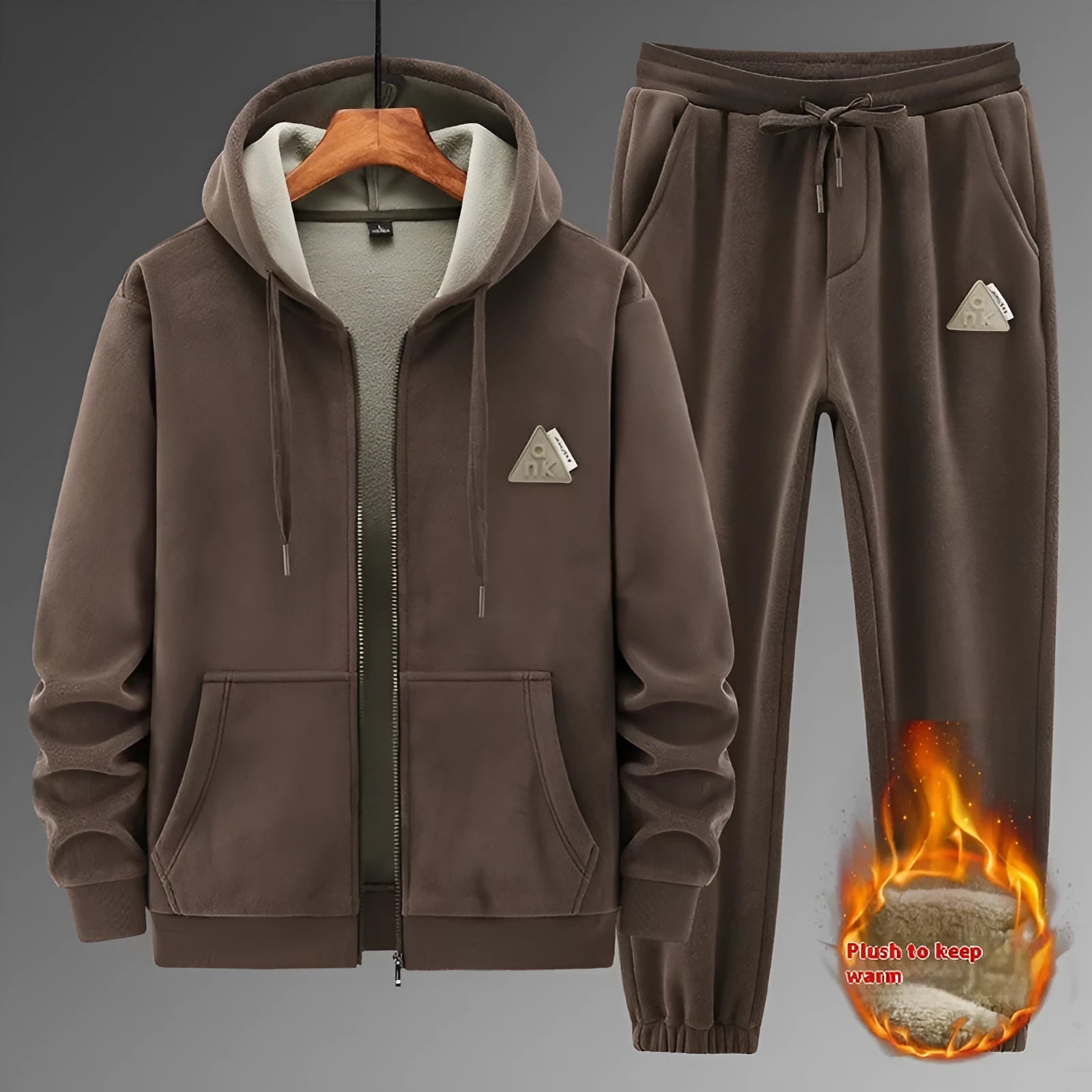 Grey men's hooded sweater and matching cotton blend pants from a casual sports suit set.