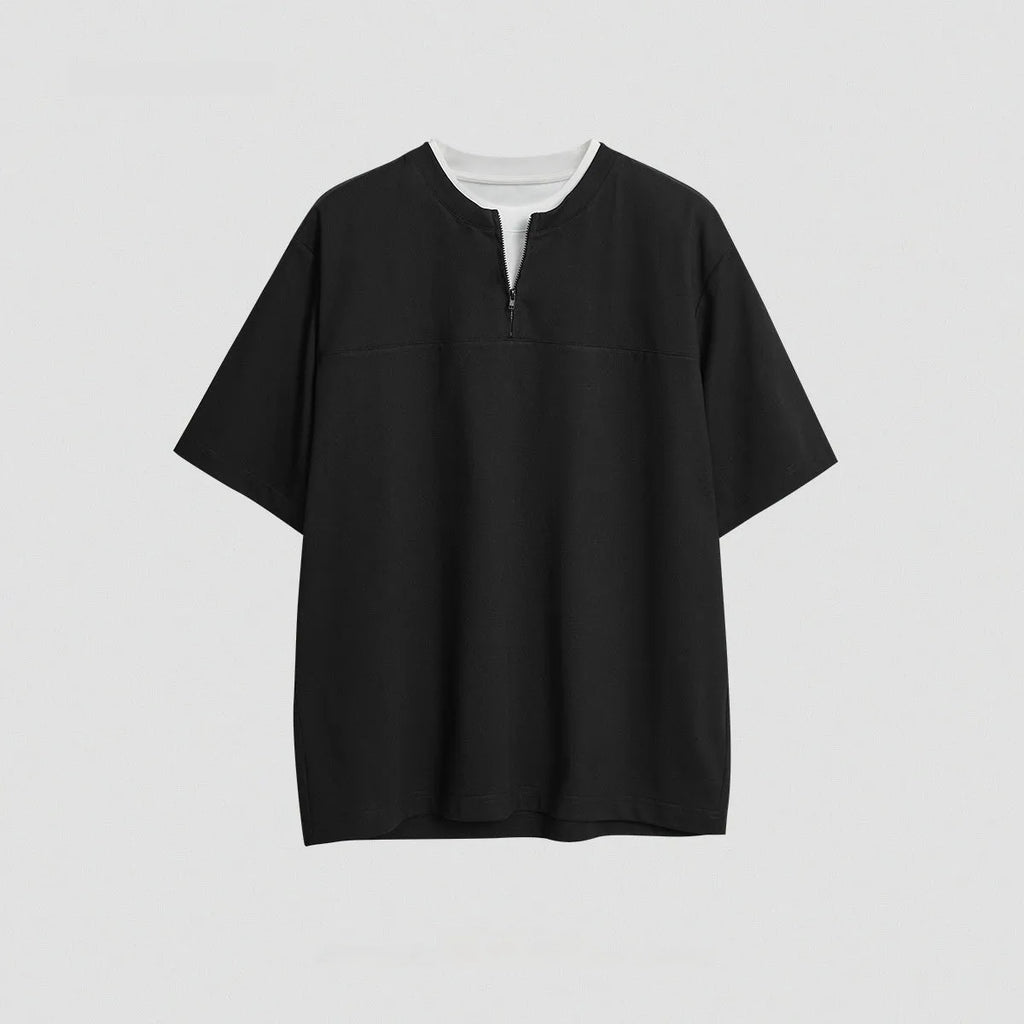 Women's loose patchwork stitch cotton blend top in solid colours with false zip detail.