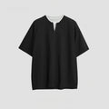 Women's loose patchwork stitch cotton blend top in solid colours with false zip detail.
