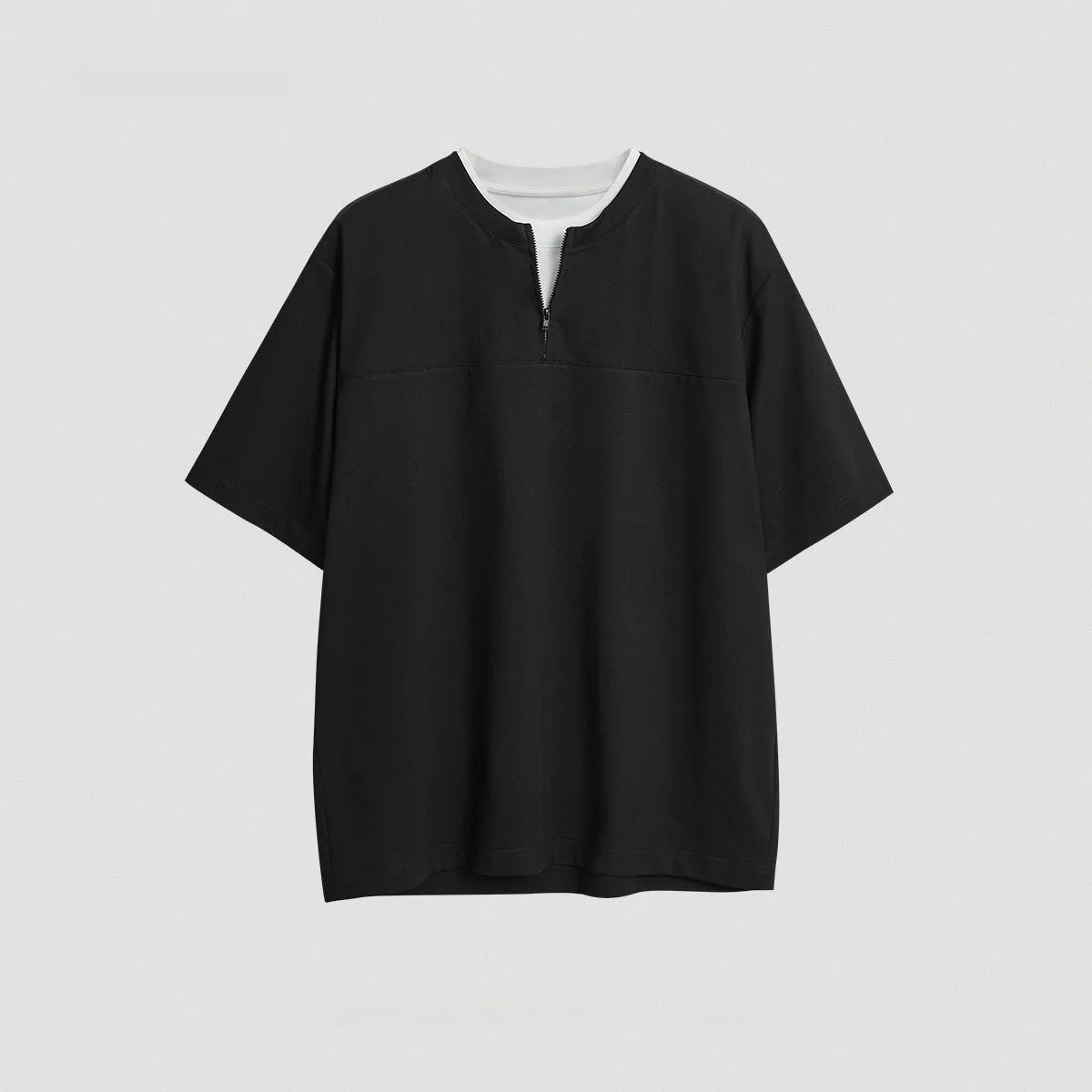 Women's loose patchwork stitch cotton blend top in solid colours with false zip detail.