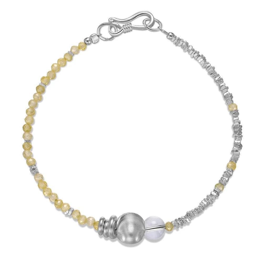 Women's 925 sterling silver brushed ball bead bracelet, round geometric design, electroplated silver finish, on neutral background