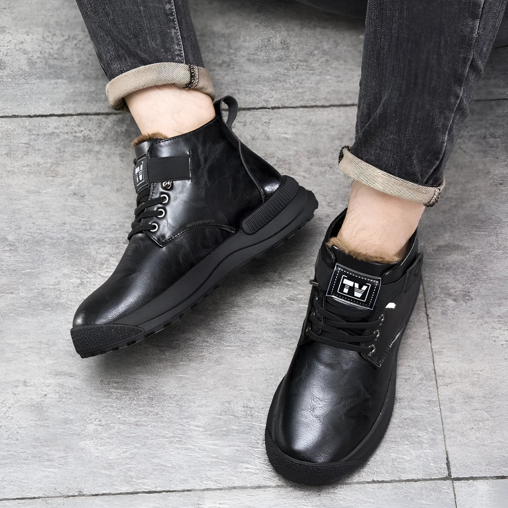 Men's black and brown Martin high-top platform boots with artificial PU uppers and rubber soles