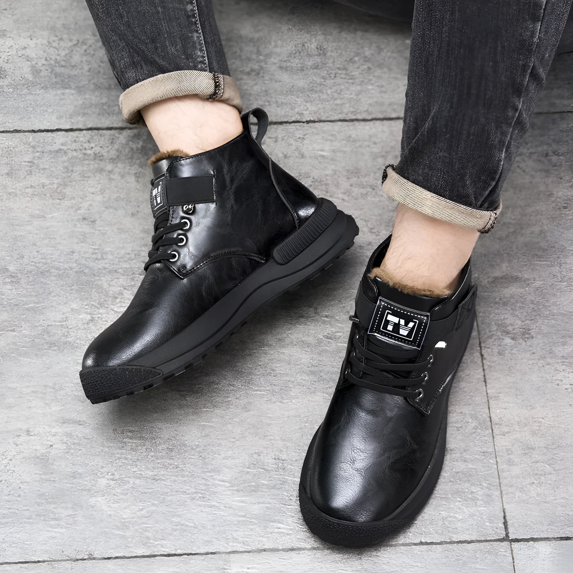 Men's black and brown Martin high-top platform boots with artificial PU uppers and rubber soles