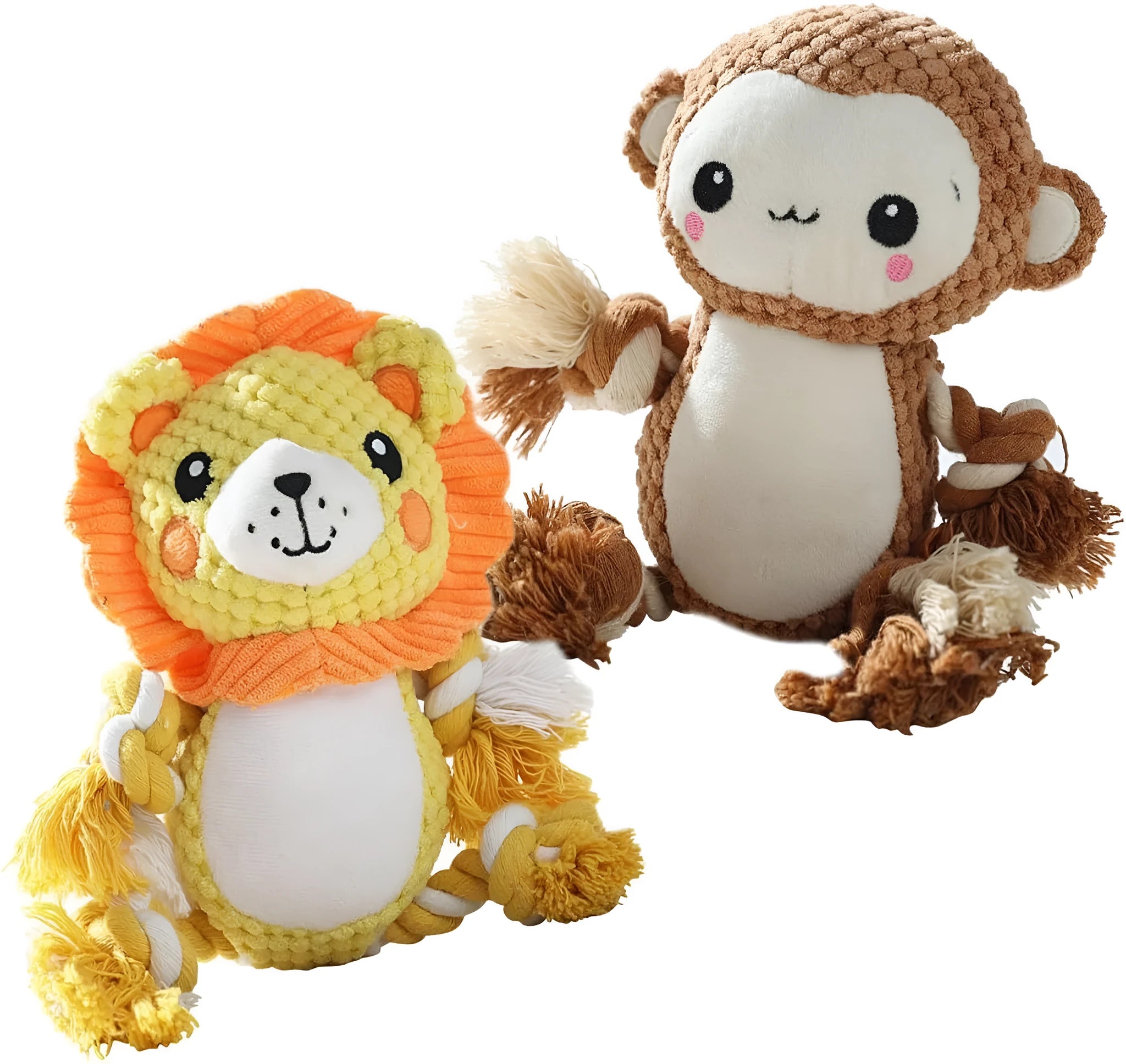 Plush squeaky dog toy bundle showing lion and monkey designs for medium to large dogs