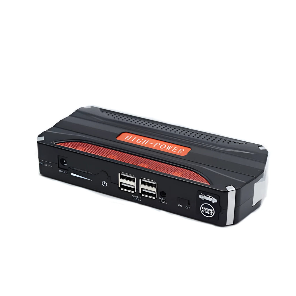 Black and red emergency vehicle jump starter power supply unit showing compact dimensions