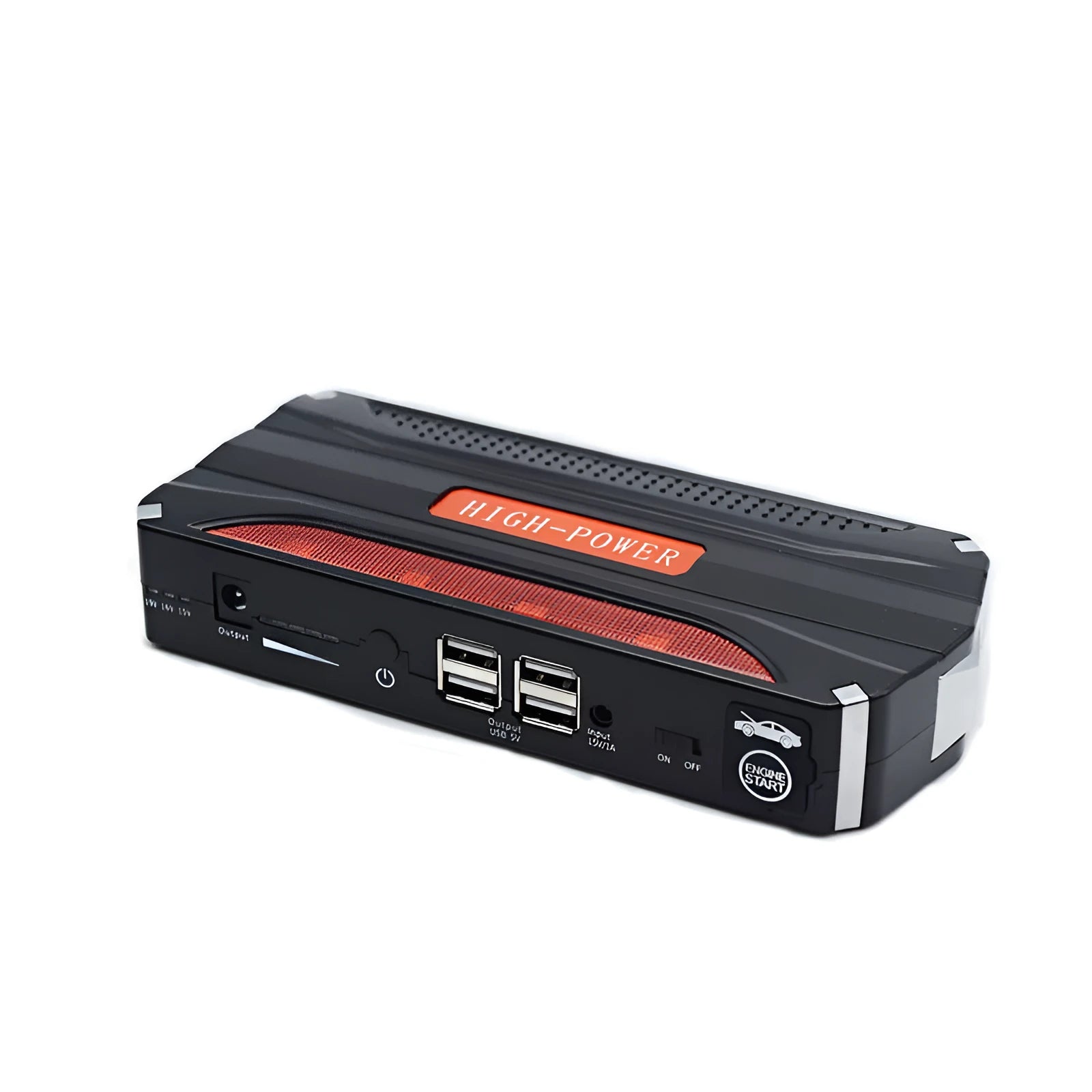 Black and red emergency vehicle jump starter power supply unit showing compact dimensions