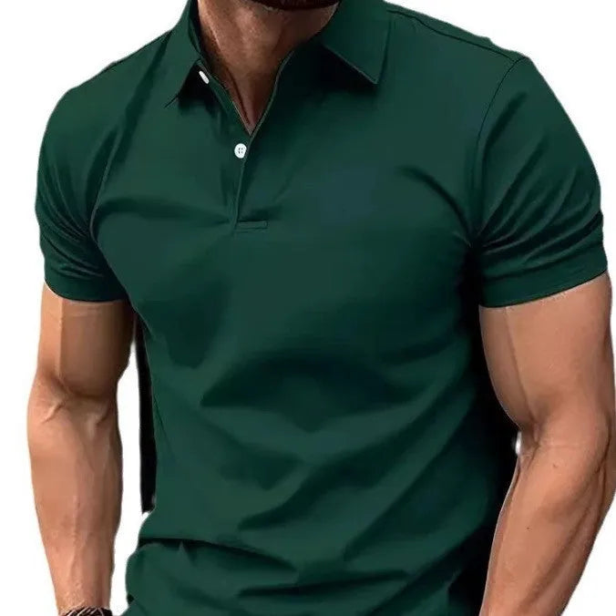 Men's solid colour slim fit short sleeve shirt on a hanger, showing the collar and button placket.
