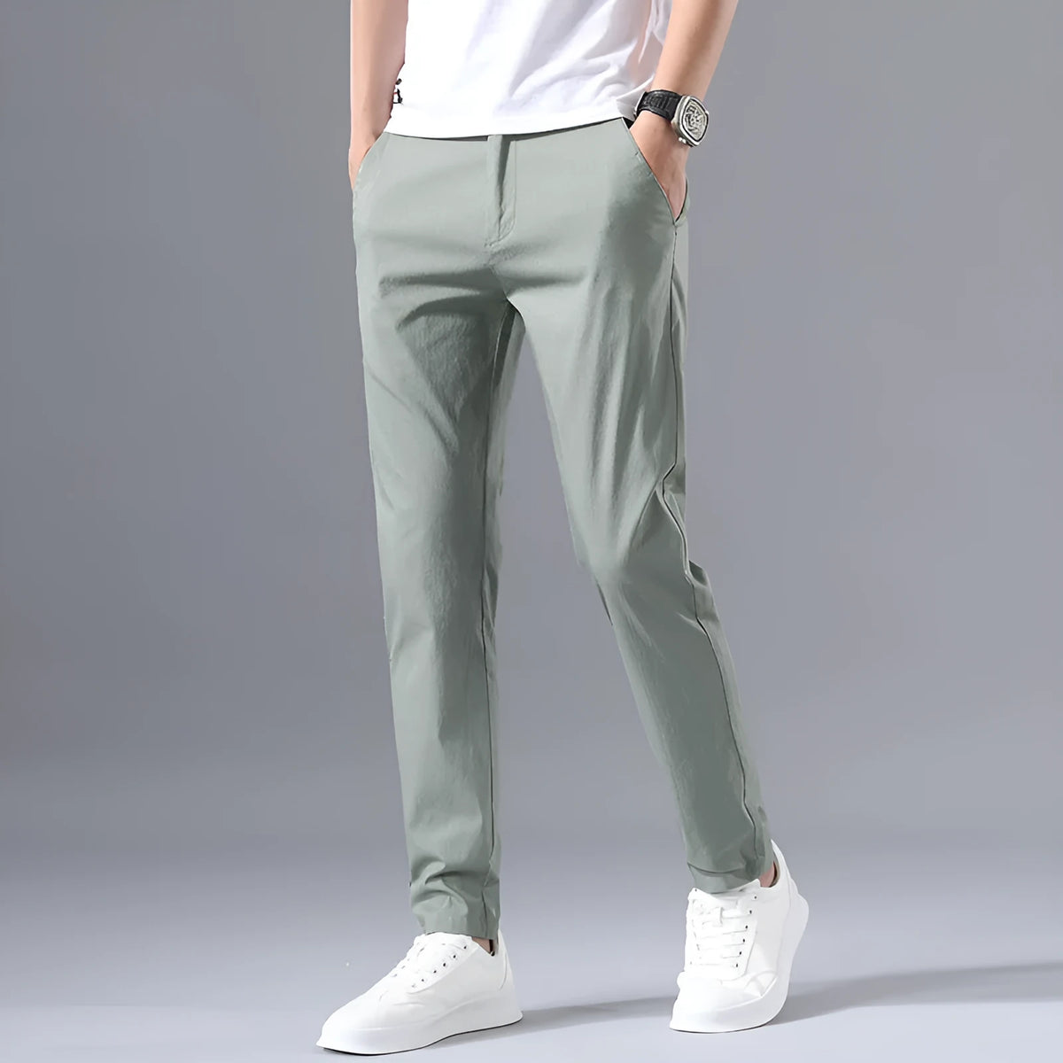 Men's summer casual trousers in straight-leg cut, thin cotton fabric, plain design, shown in black