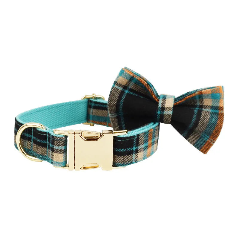 Retro green four-piece dog set showing collar, leash, vest, and decorative bow on a white background.