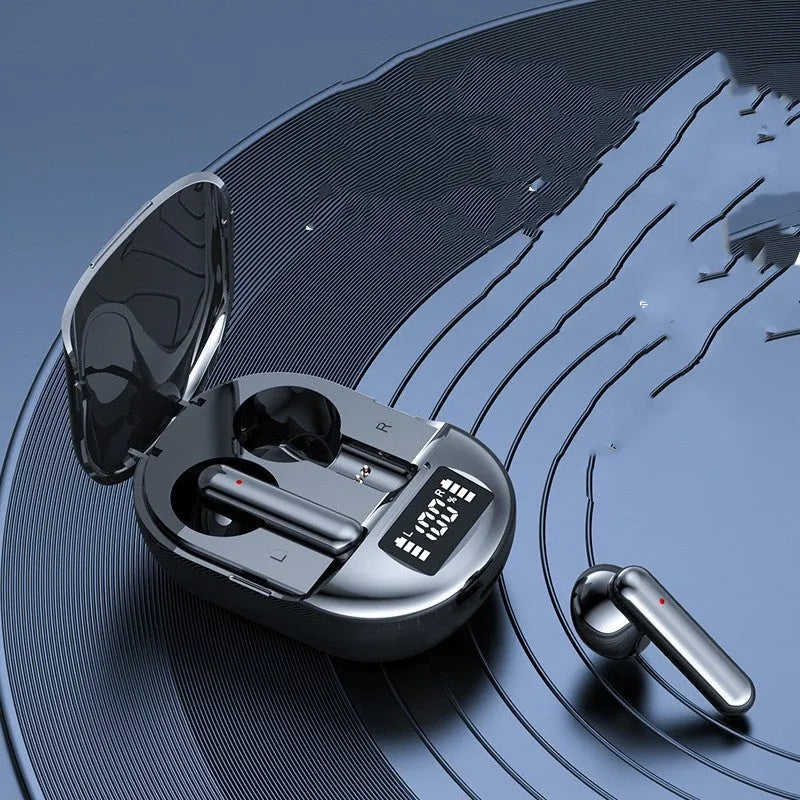 Black or white wireless Bluetooth headset with charging bin showing digital display screen